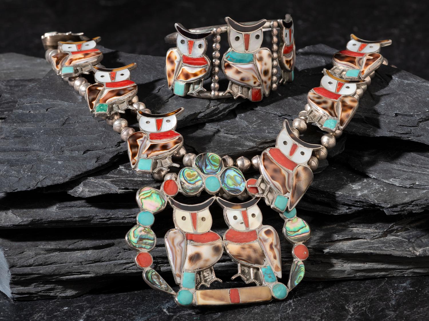 Mosaic Inlay Owl Squash Blossom, Cuff Bracelet and Clip Earring Matching Set