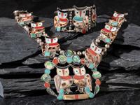 Mosaic Inlay Owl Squash Blossom, Cuff Bracelet and Clip Earring Matching Set
