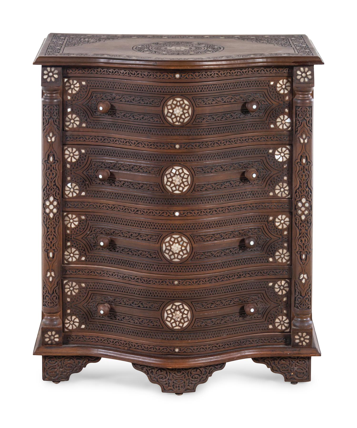 A Near Pair of Syrian Carved and Mother-of-Pearl Inlaid Walnut Serpentine Chest of Drawers
