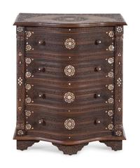 A Near Pair of Syrian Carved and Mother-of-Pearl Inlaid Walnut Serpentine Chest of Drawers