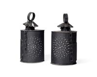 A Pair of Hanging Pierced Tinware and Glass Lanterns