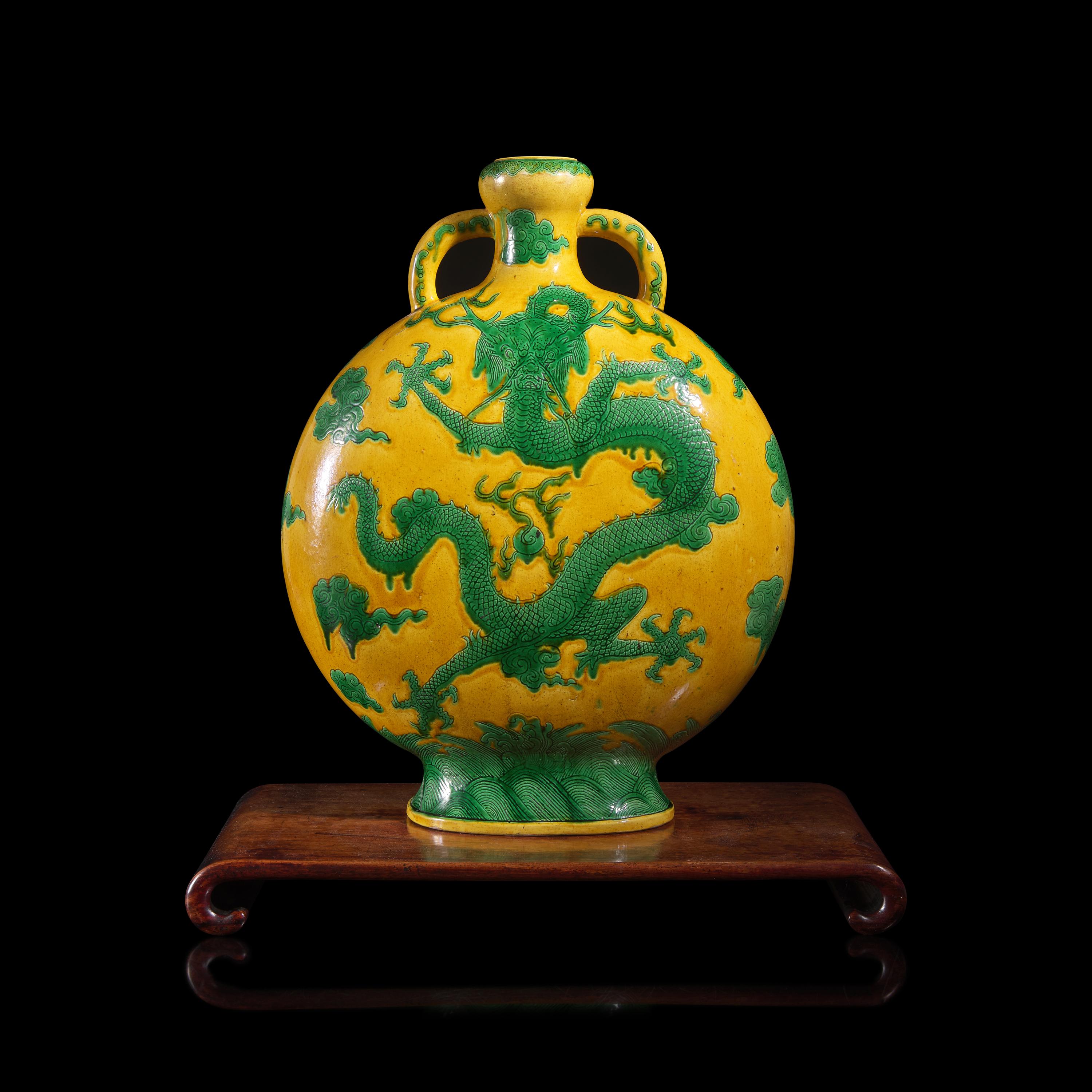 An Impressive Chinese Green Enameled Yellow Ground Porcelain 'Dragon' Moon Flask, Qing Dynasty — 清 黃地綠彩龍紋大抱月瓶