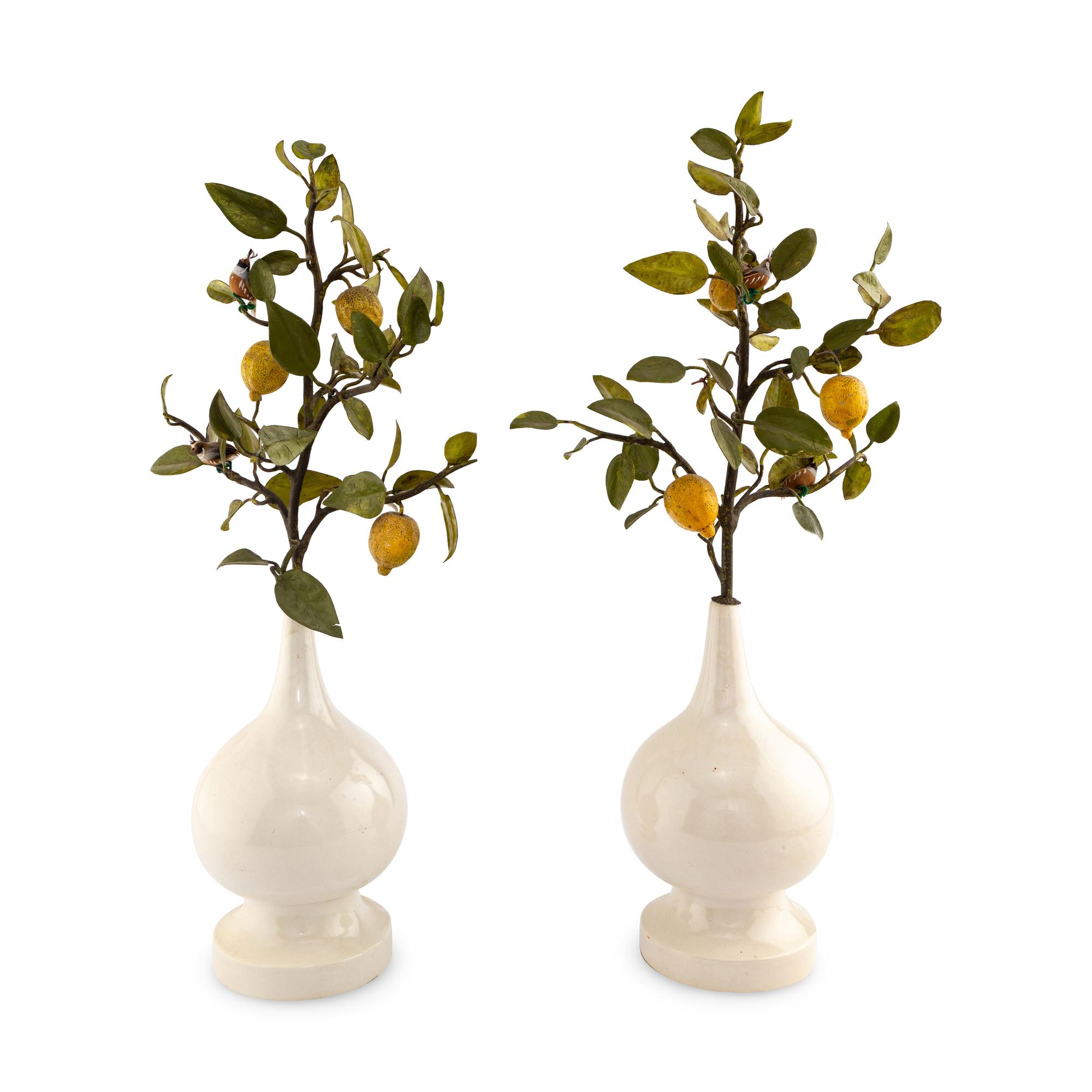 A Pair of White Glazed Earthenware Vases with Painted Tôle Models of Lemon Branches