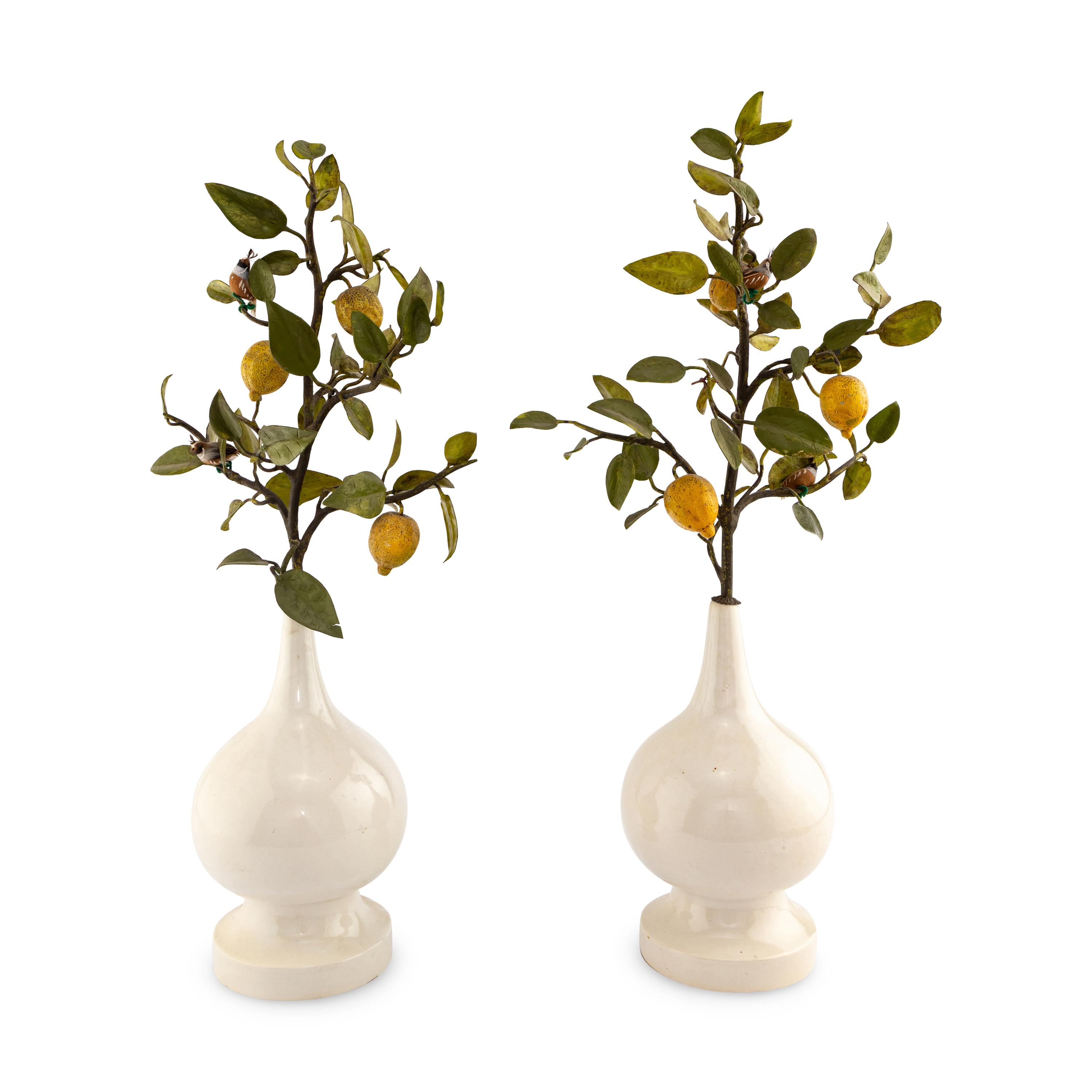 A Pair of White Glazed Earthenware Vases with Painted Tôle Models of Lemon Branches