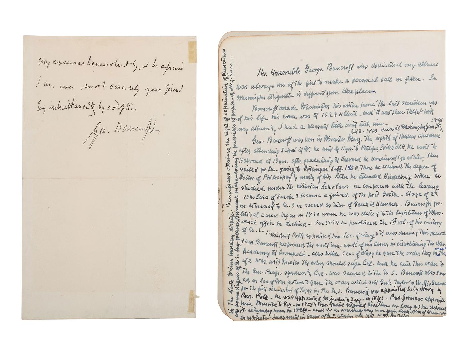 BANCROFT, GEORGE (1800-1891). A group of items related to George Bancroft incl. ALS.