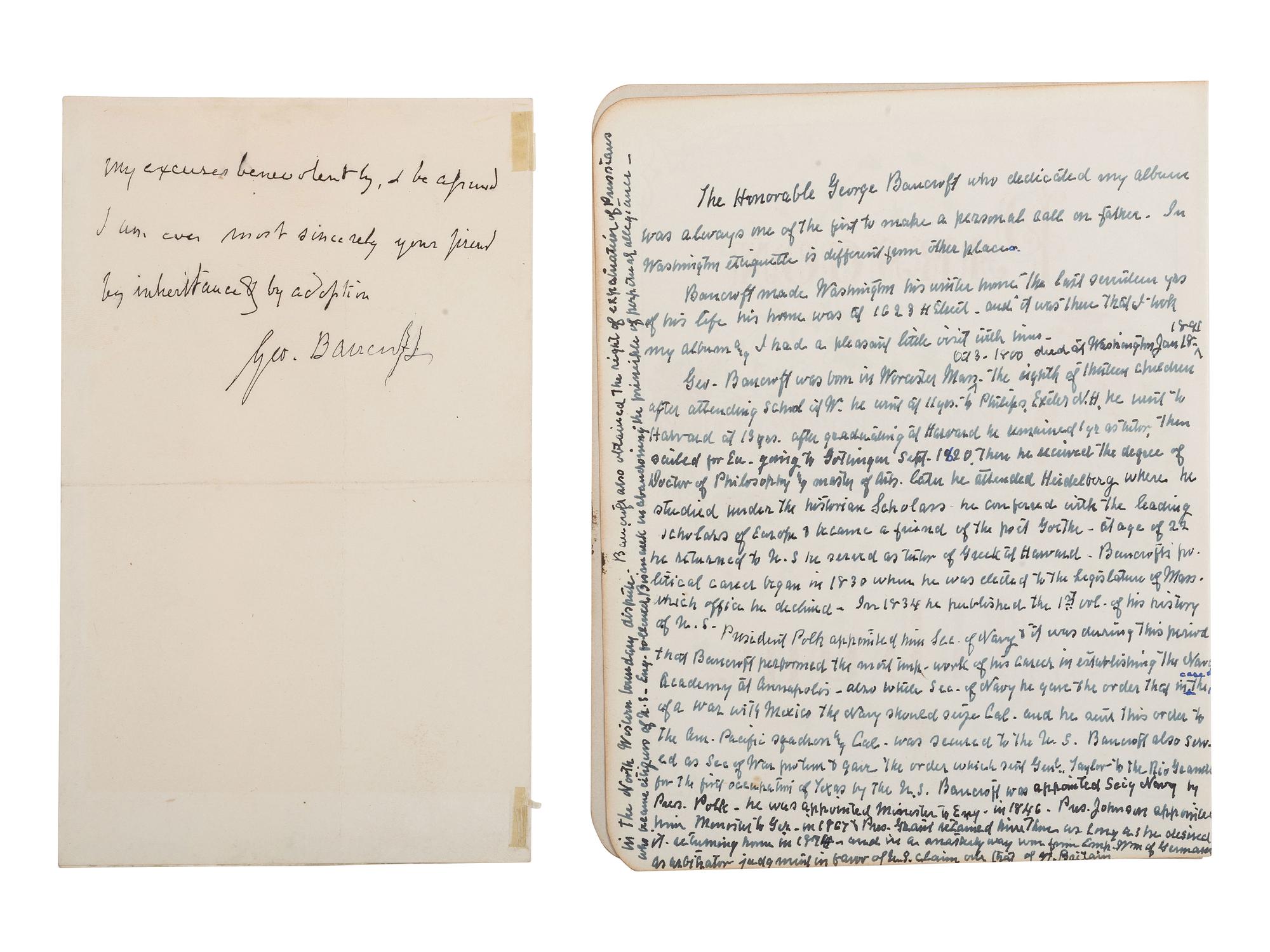 BANCROFT, GEORGE (1800-1891). A group of items related to George Bancroft incl. ALS.