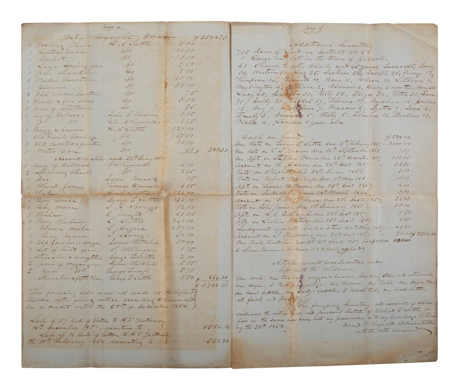 [ENSLAVEMENT & ABOLITION]. Manuscript inventory and account of the sales of the estate of Richard C. Suttle, referencing 41 enslaved persons. Pulaski, TN, 1858.