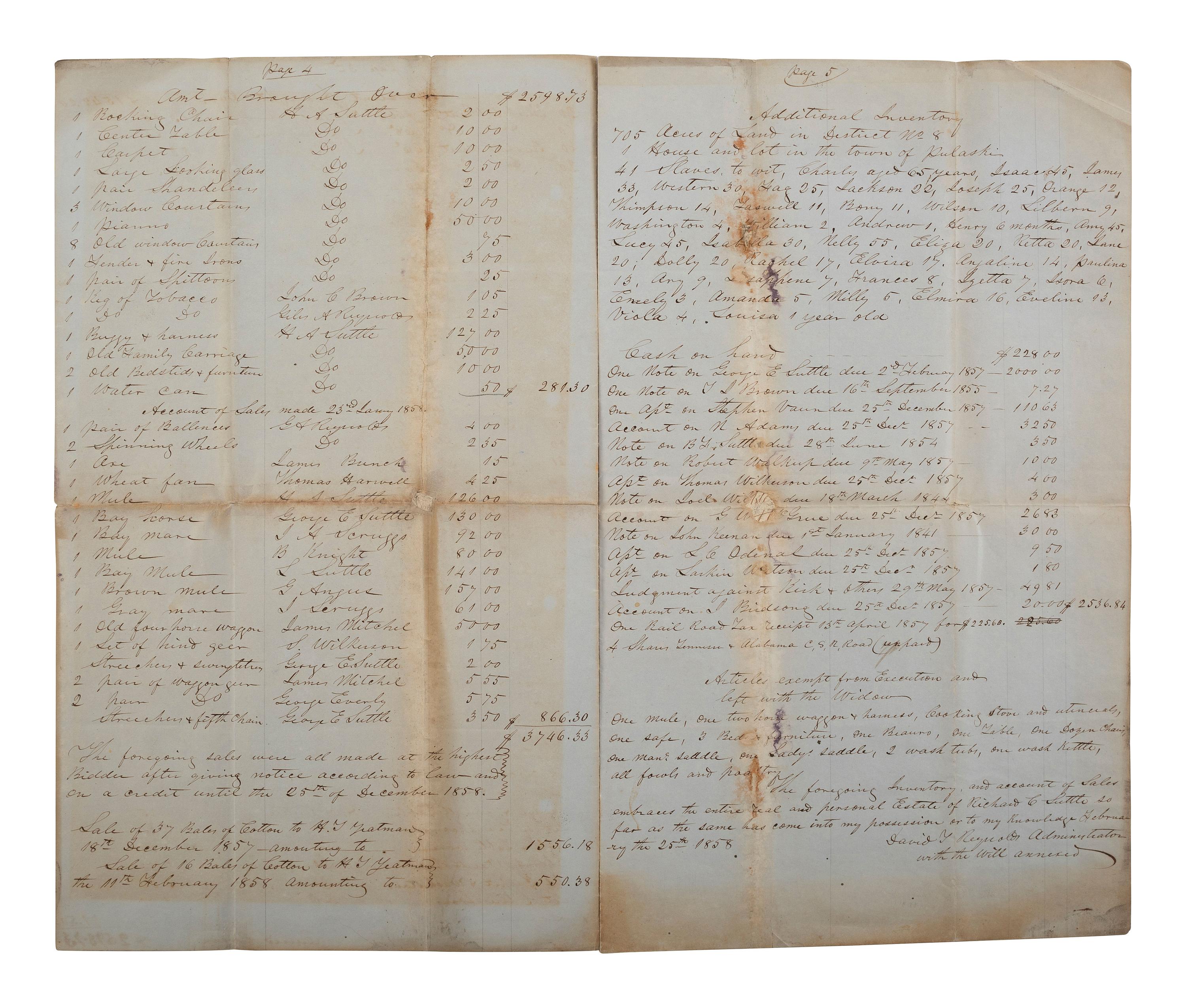 [ENSLAVEMENT & ABOLITION]. Manuscript inventory and account of the sales of the estate of Richard C. Suttle, referencing 41 enslaved persons. Pulaski, TN, 1858.