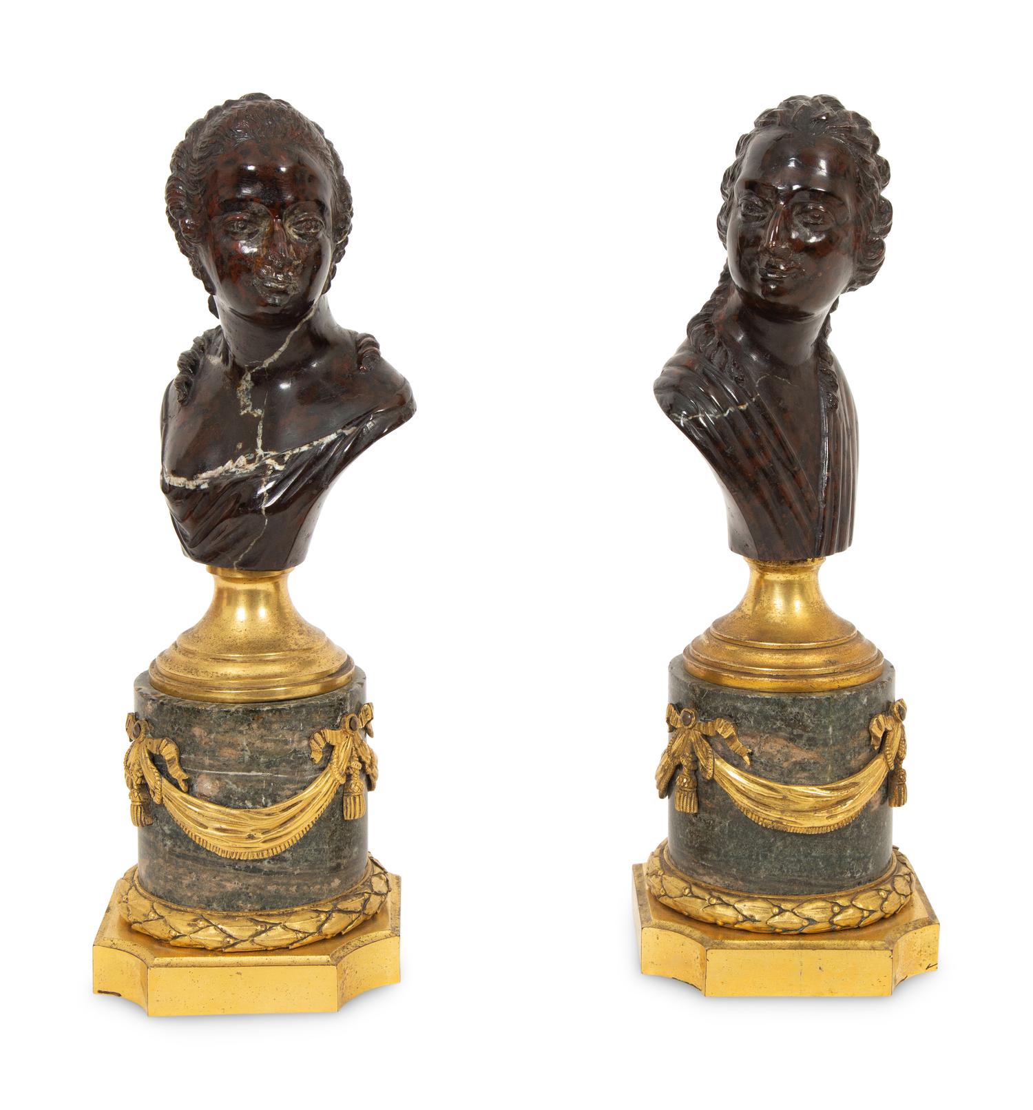 A Pair of Russian Carved Marble Busts of Alexander I and Elizabeth Alexeievna on Gilt Bronze-Mounted Marble Pedestals