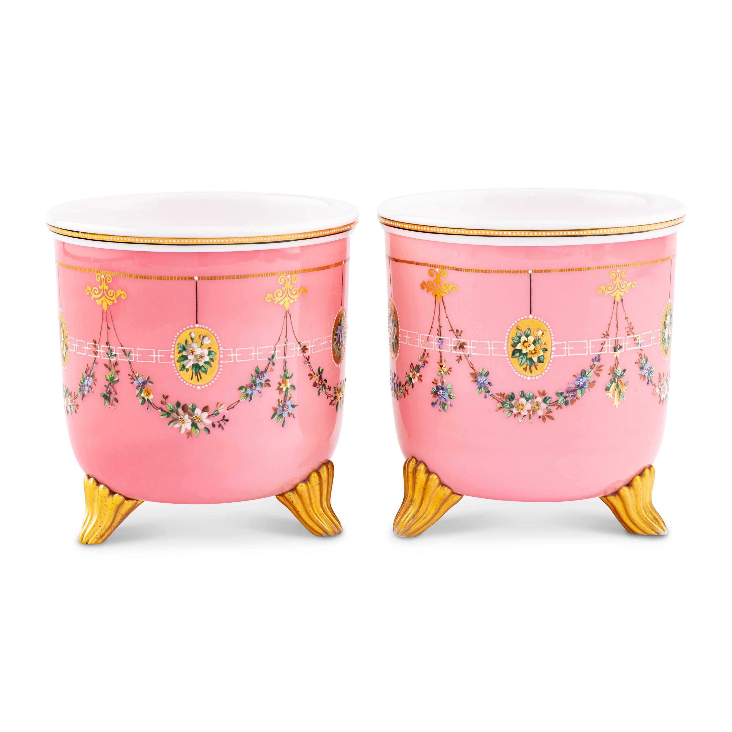 A Pair of French Opaline Glass and Enamel Cache Pots