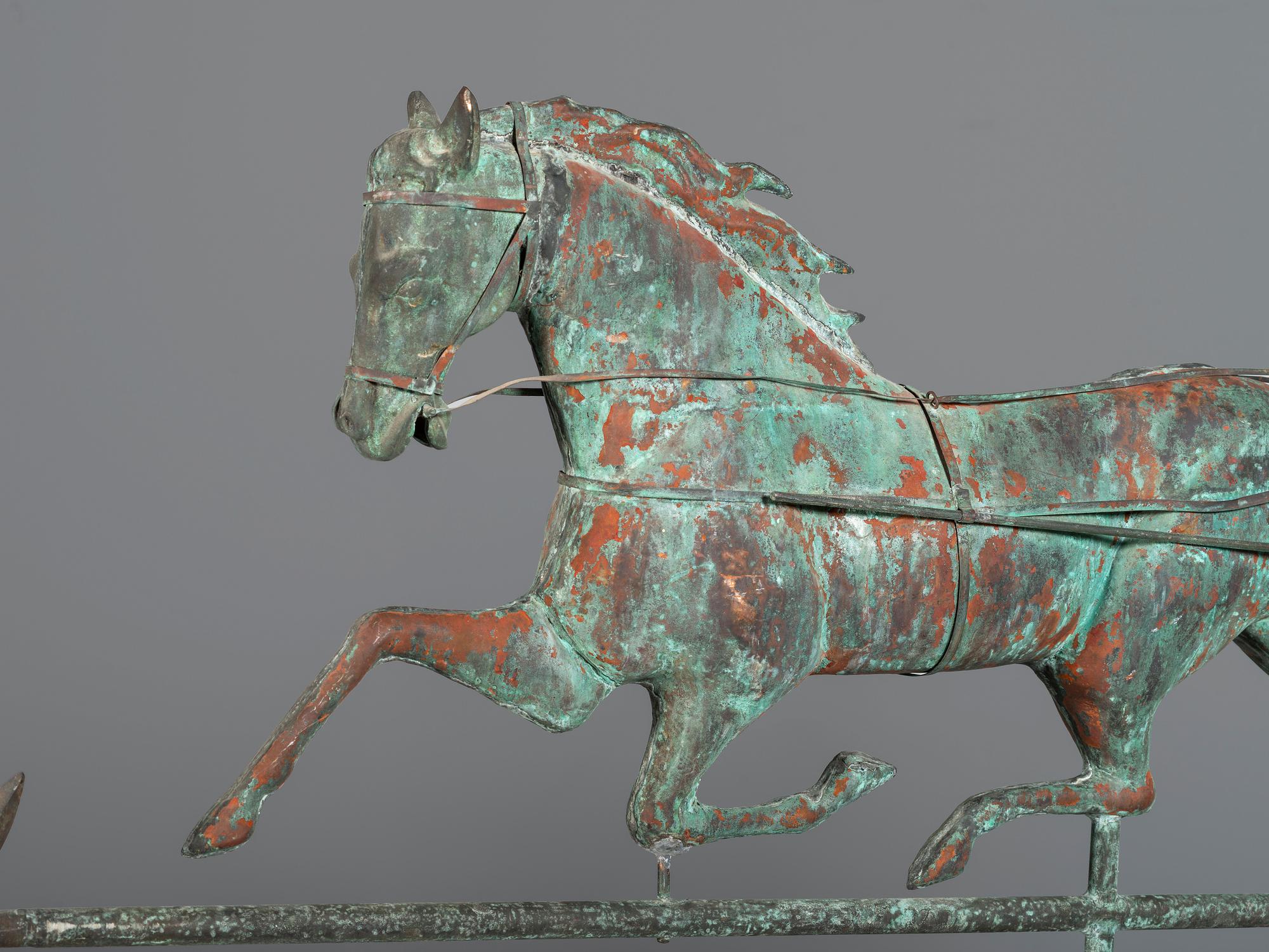 A Molded Copper and Cast Zinc Trotting Horse and Sulky Weathervane