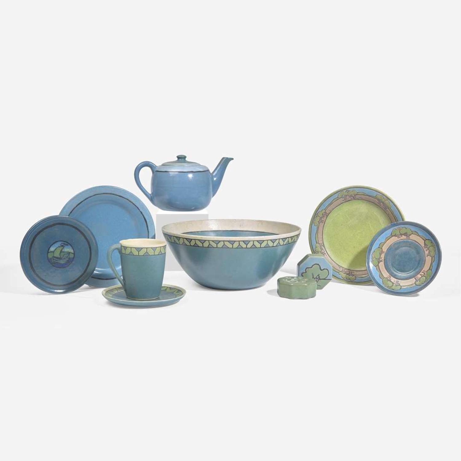 Saturday Evening Girls (American, active 1908-1942) Group of Blue and Green Ground Works, Paul Revere Pottery, USA, circa 1910s-1920s