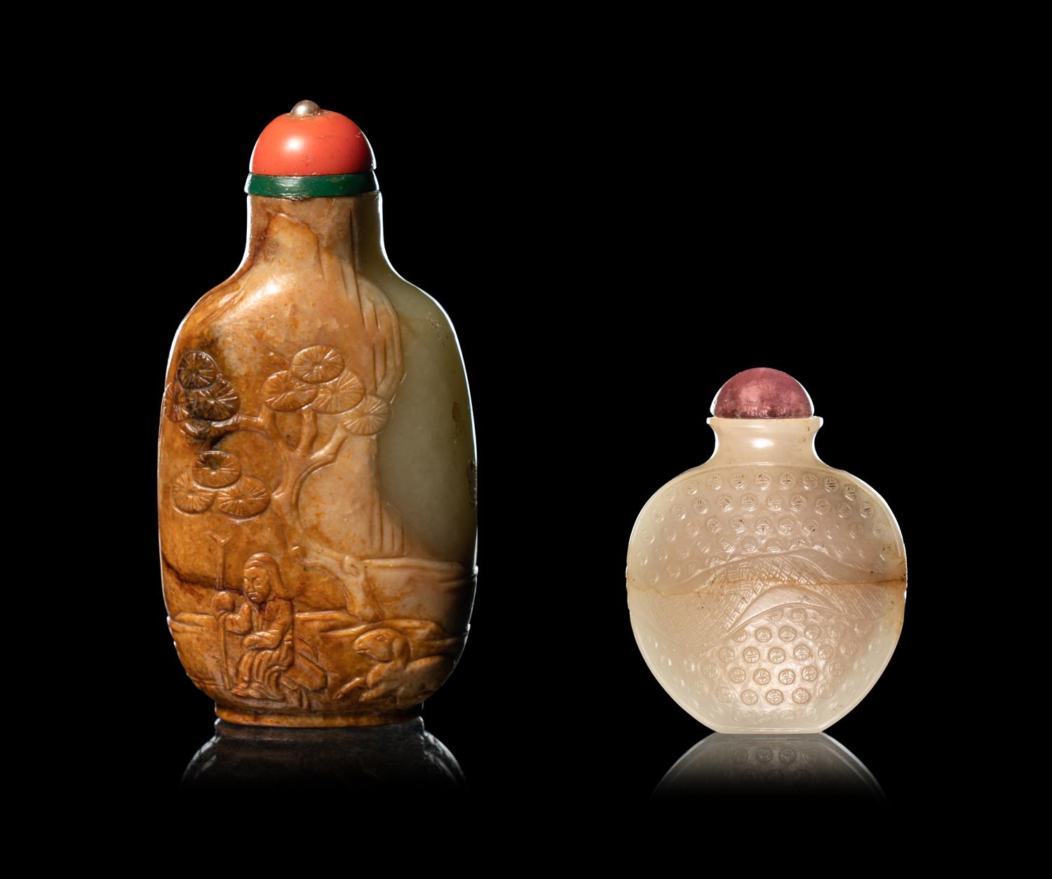 Two Carved Celadon Jade Snuff Bottles