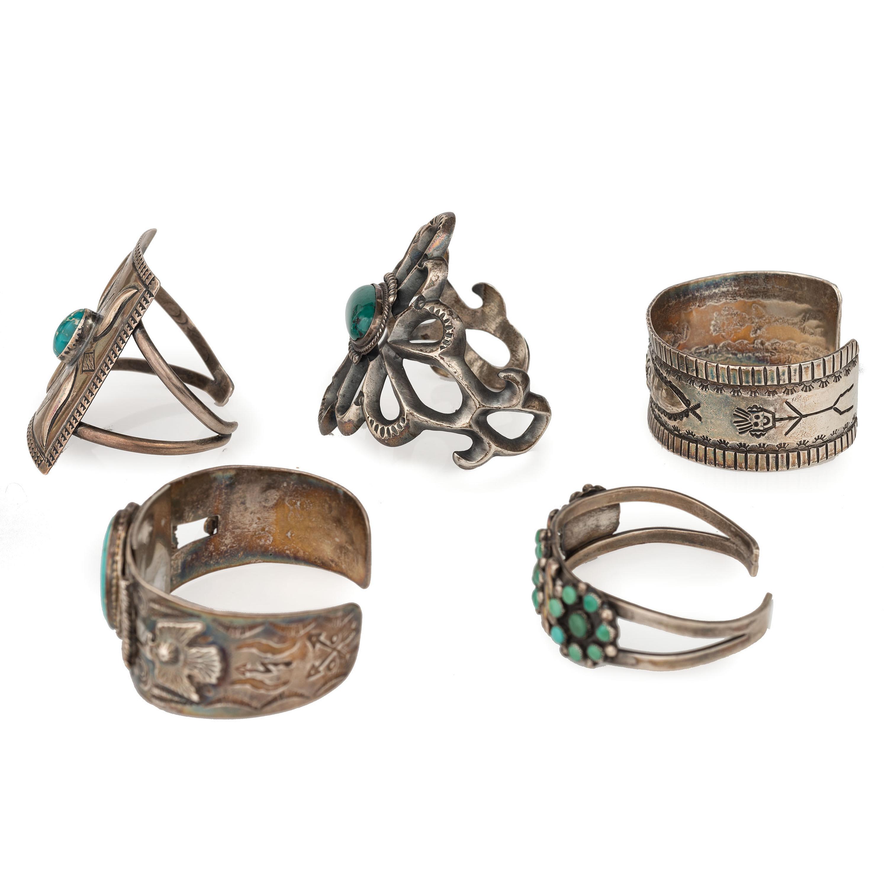 Collection of Navajo and Zuni Silver and Turquoise Cuff Bracelets