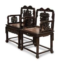 A Near Pair of Chinese Carved Hardstone-Mounted Hardwood Armchairs