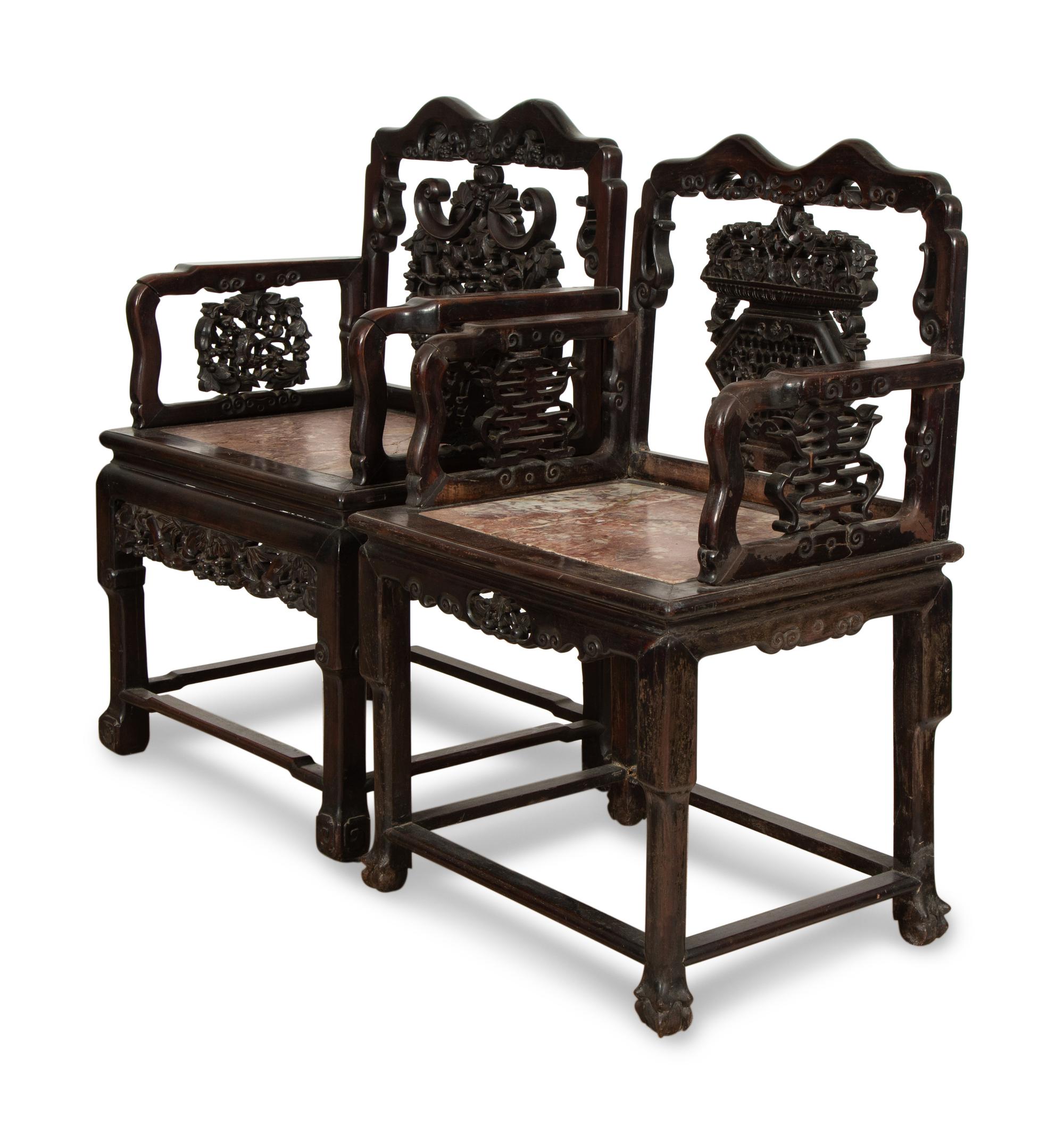 A Near Pair of Chinese Carved Hardstone-Mounted Hardwood Armchairs