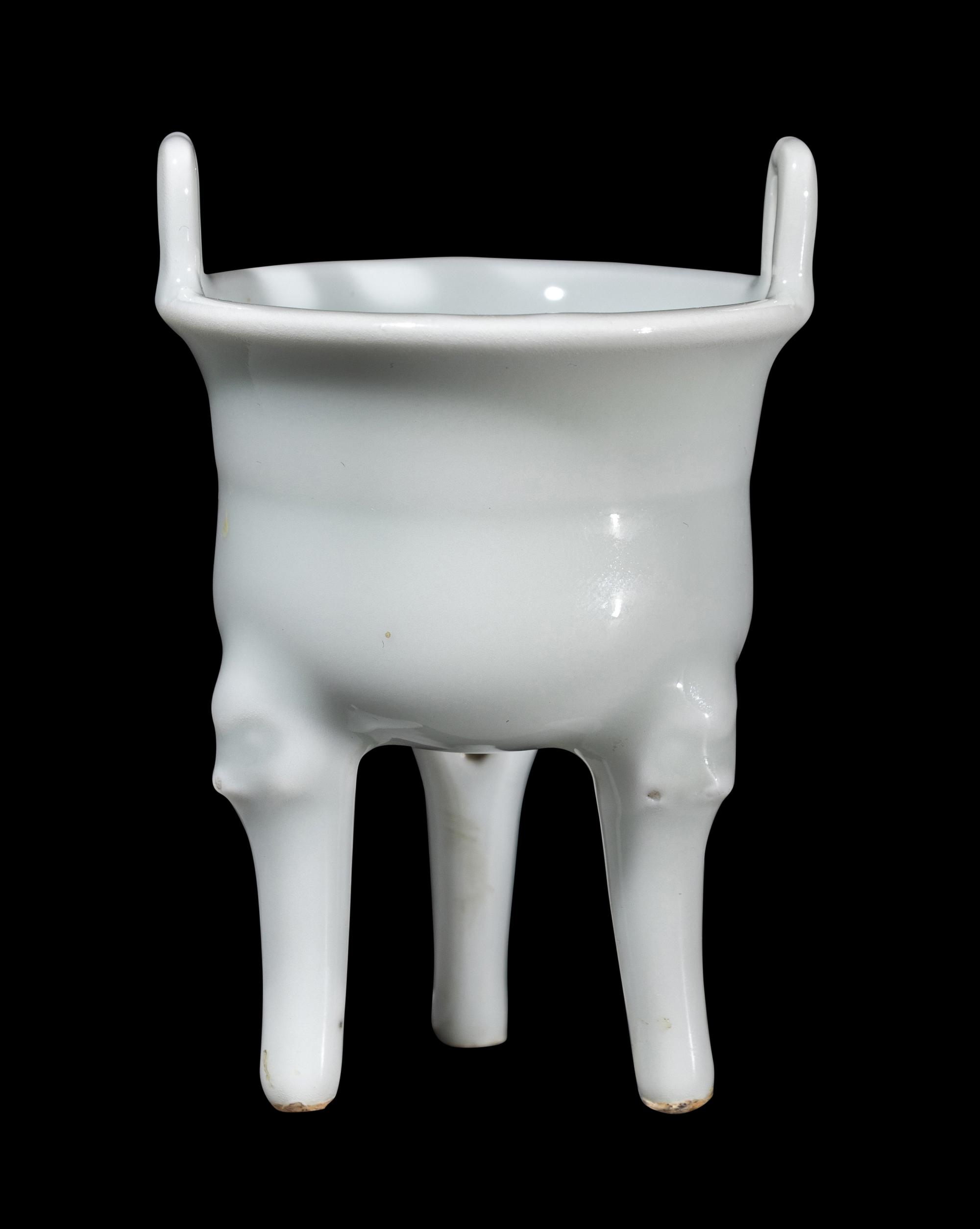 A Miniature Chinese White Glazed Porcelain Ding Vessel