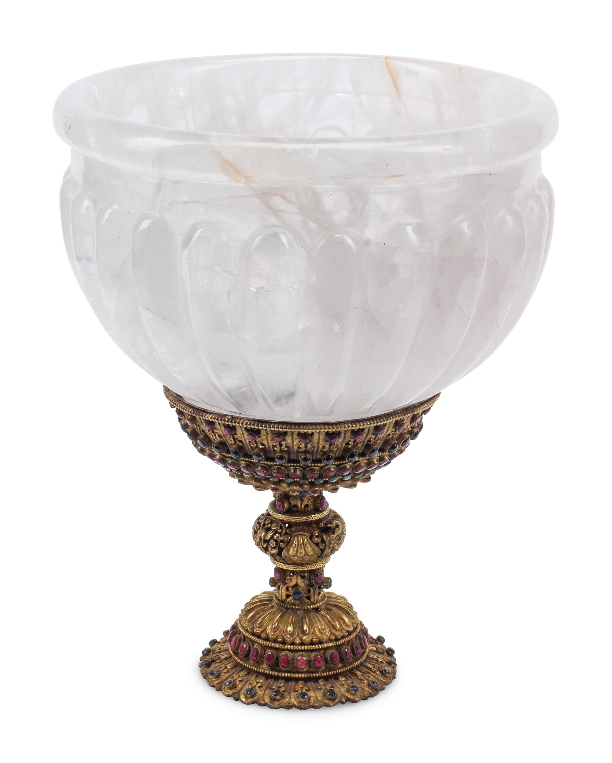 A Large Rock Crystal Bowl on a Jeweled Gilt Metal Base