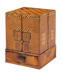 An English Marquetry Jewelry Cabinet Height 9 3/4 x width 7 3/8 x depth 7 1/8 inches. — 19TH CENTURY