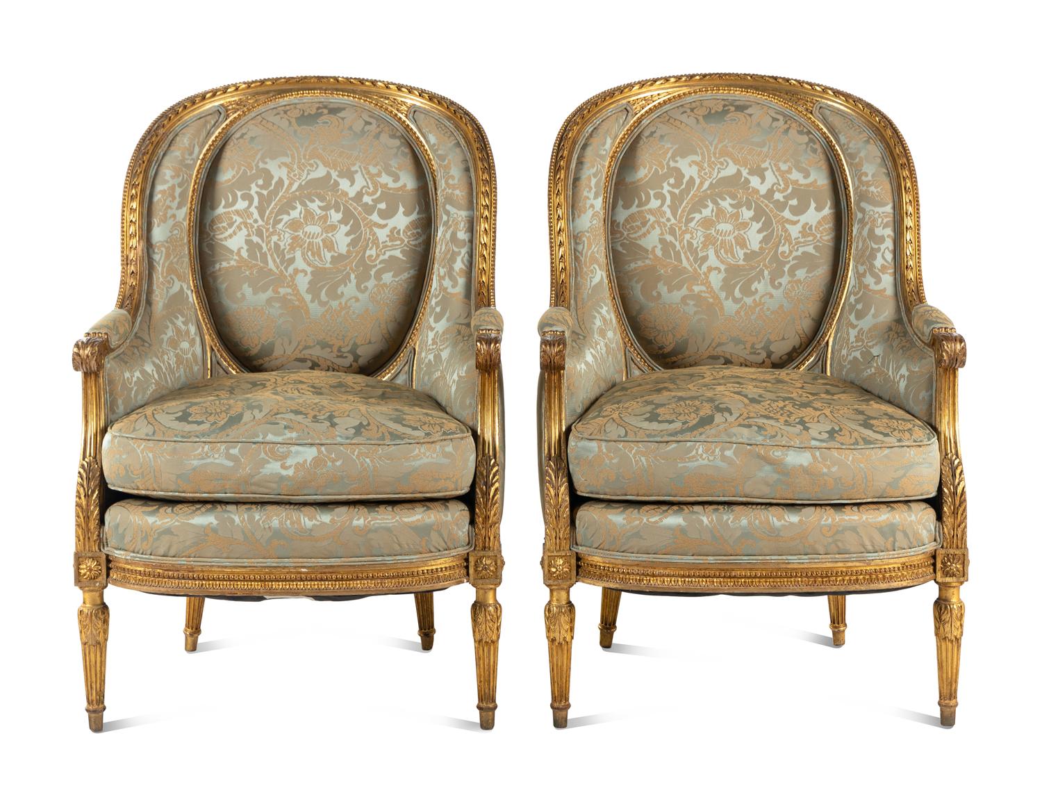 A Pair of Louis XVI Style Damask-Upholstered Giltwood Bergères