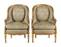 A Pair of Louis XVI Style Damask-Upholstered Giltwood Bergères