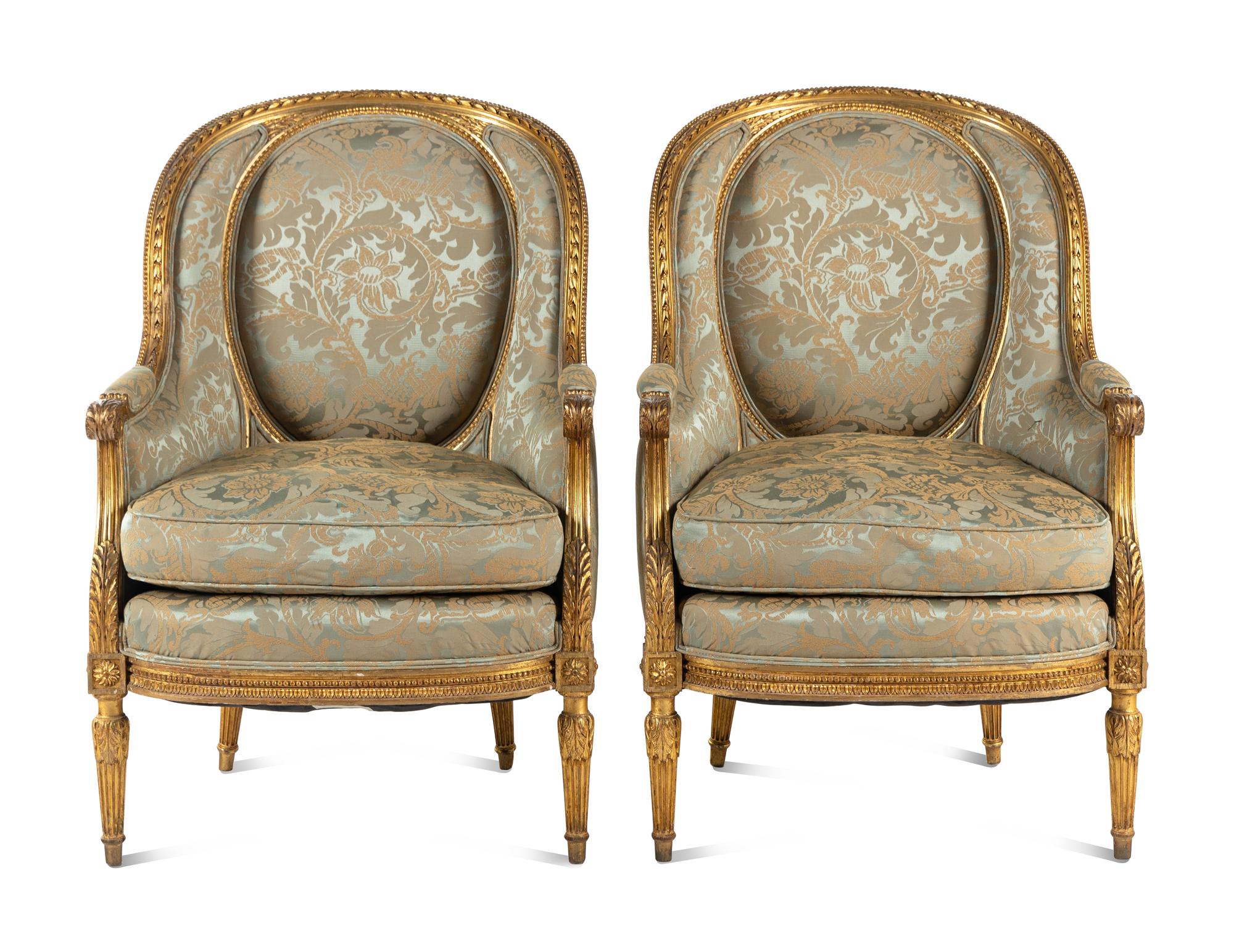 A Pair of Louis XVI Style Damask-Upholstered Giltwood Bergères