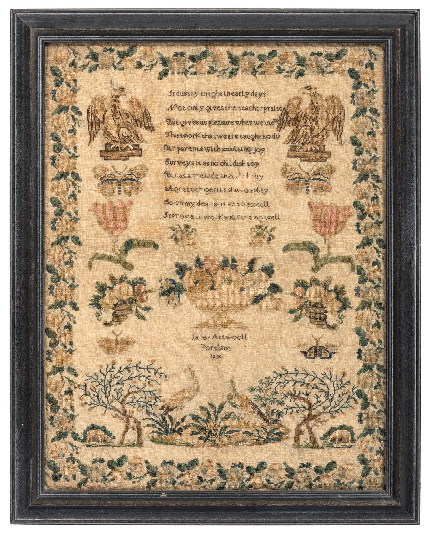 A Maine Needlework Sampler with Eagles