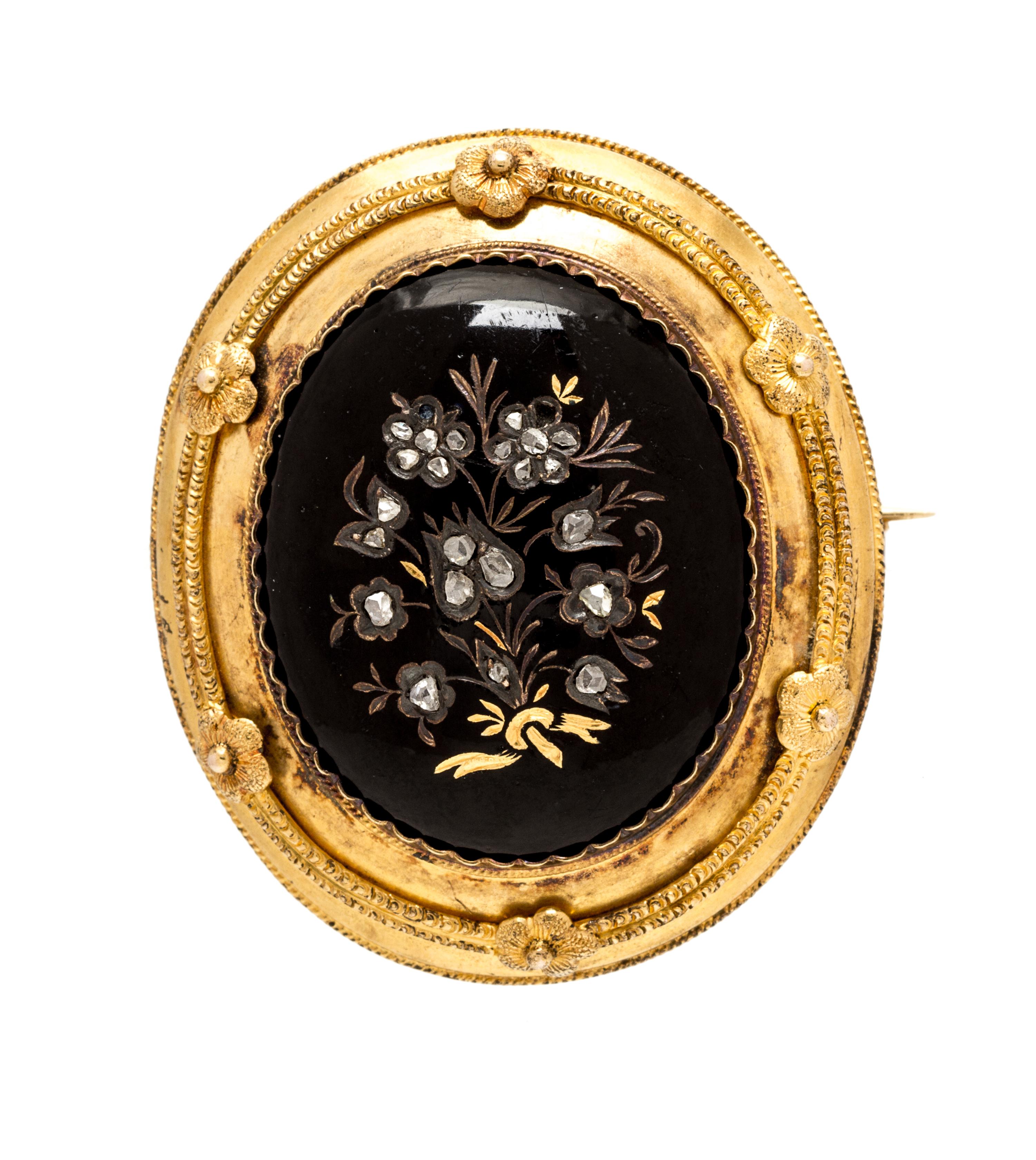 A Victorian Gold, Enamel and Diamond Mourning Brooch, 8.60 dwts.