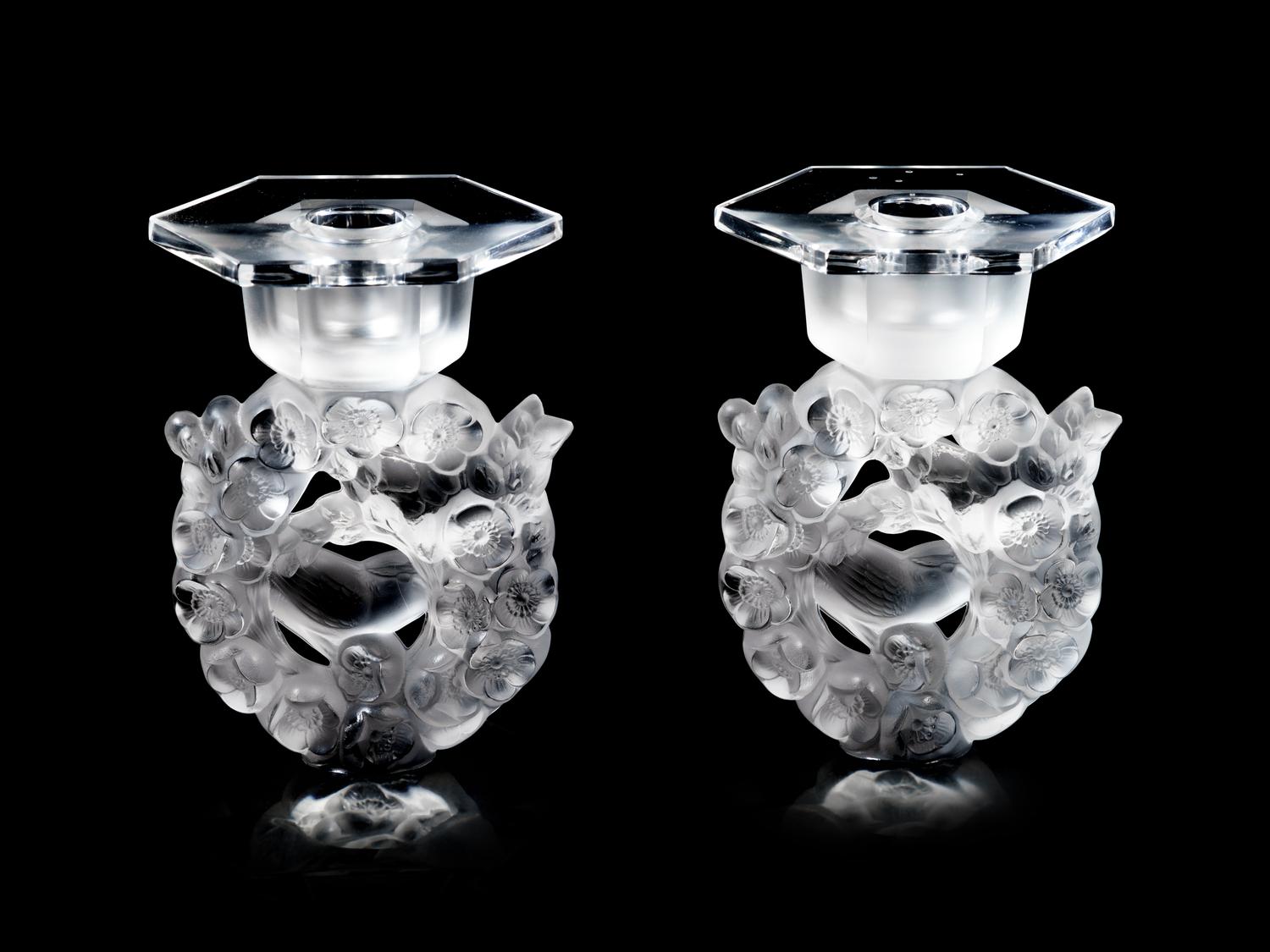 A Pair of Lalique Mesanges Candlesticks