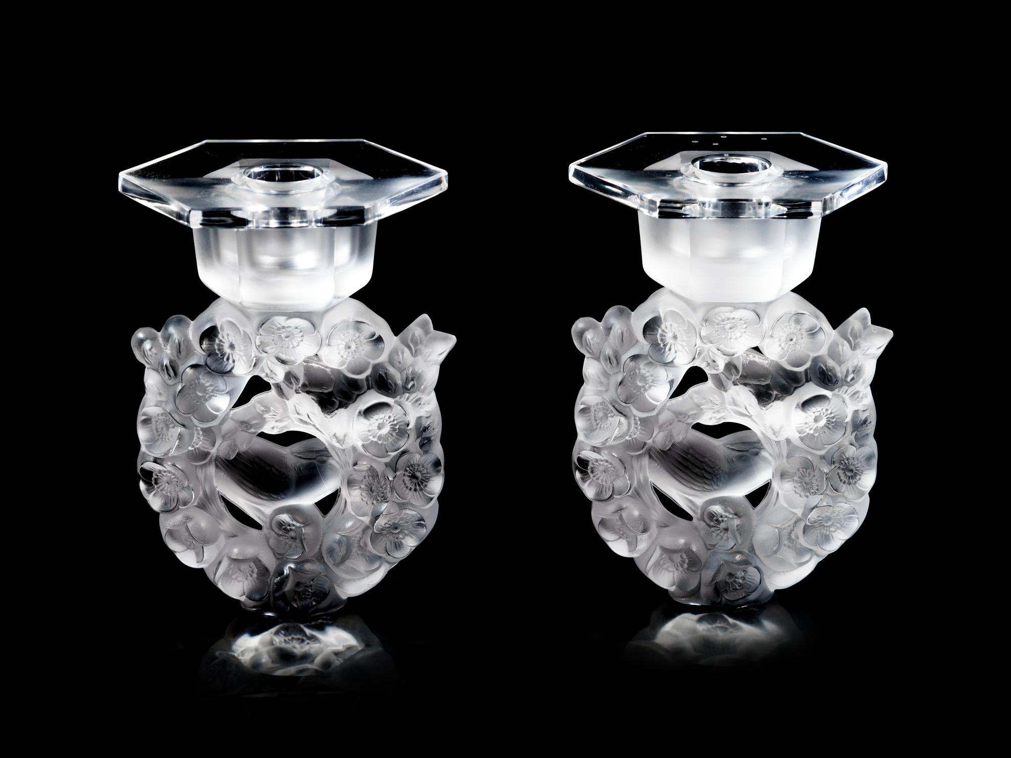 A Pair of Lalique Mesanges Candlesticks