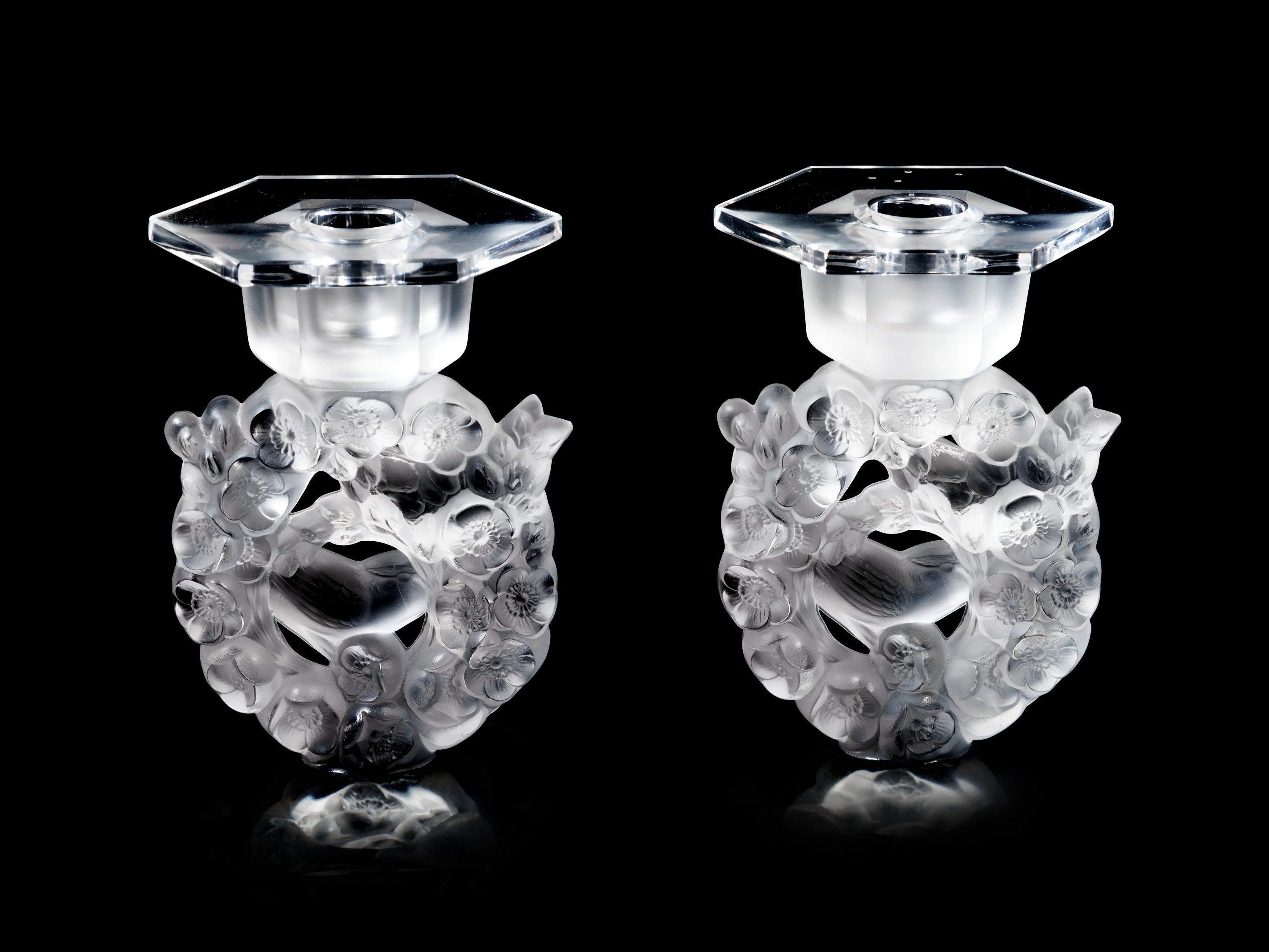 A Pair of Lalique Mesanges Candlesticks