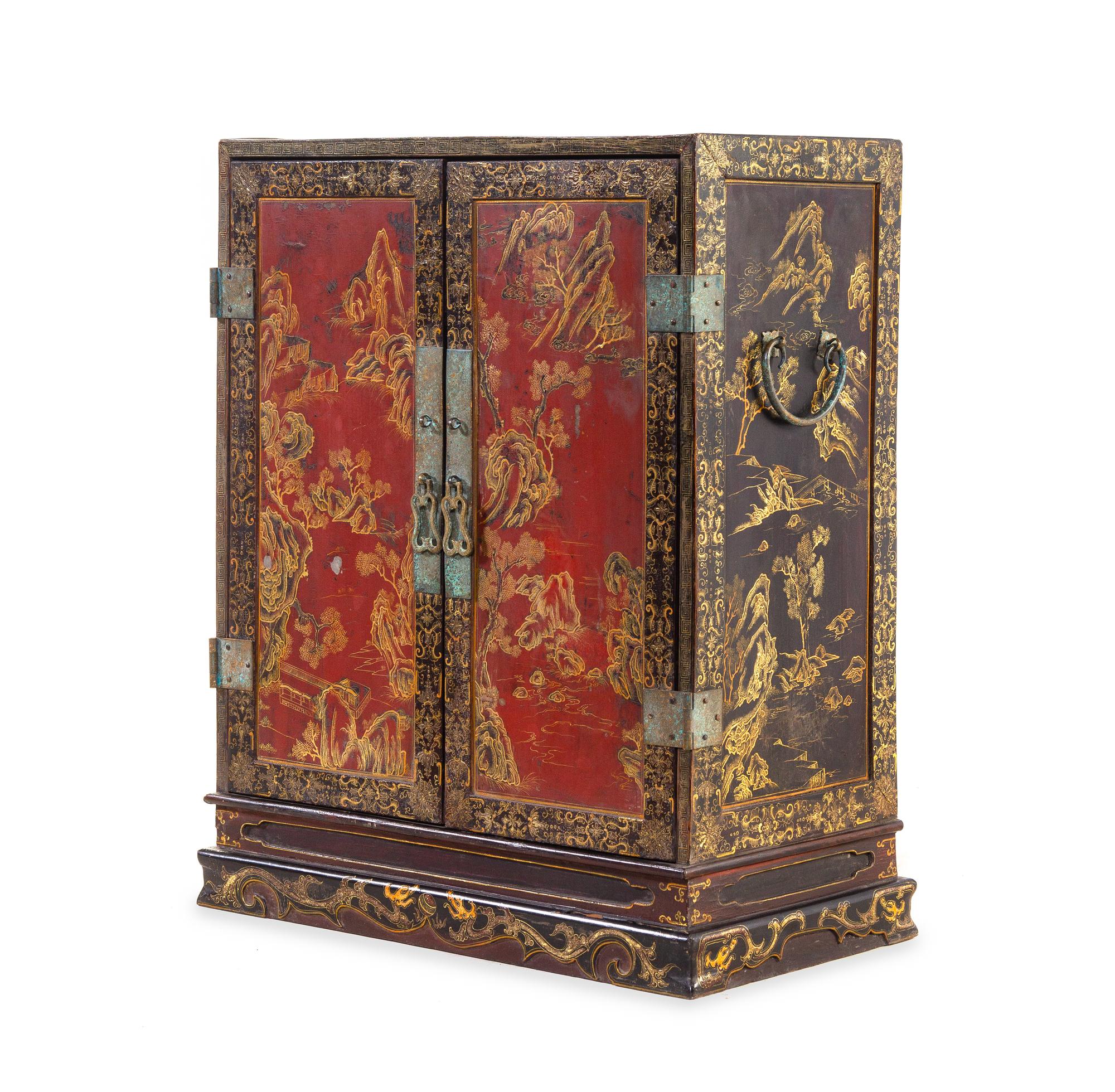 A Polychrome and Gilt Lacquered ‘Landscape’ Kang Cabinet