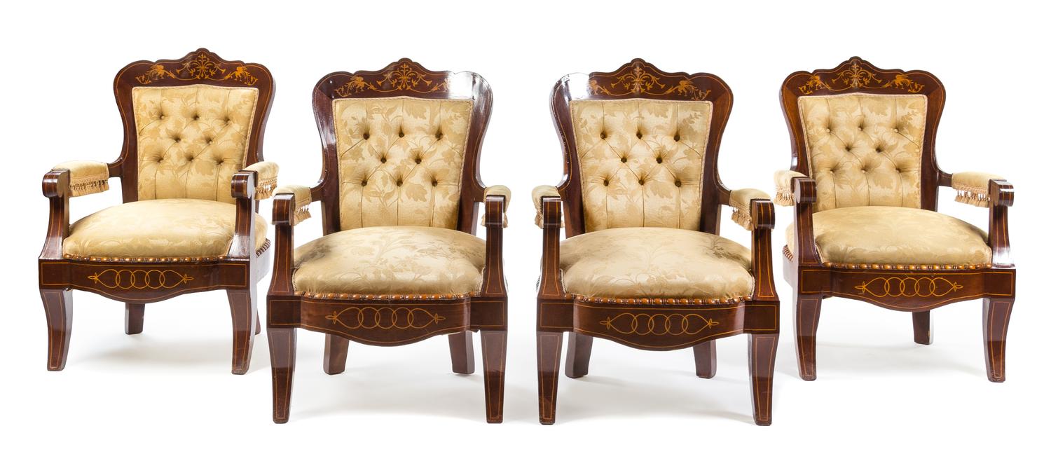A Set of Four Italian Satinwood Inlaid Mahogany Armchairs Height 36 inches. — NAPLES, CIRCA 1840