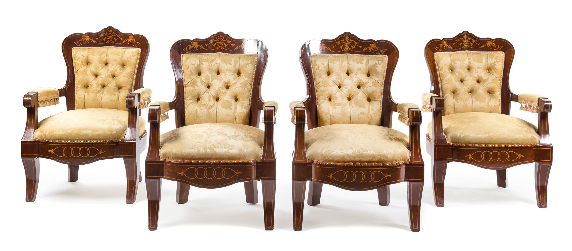 A Set of Four Italian Satinwood Inlaid Mahogany Armchairs Height 36 inches. — NAPLES, CIRCA 1840