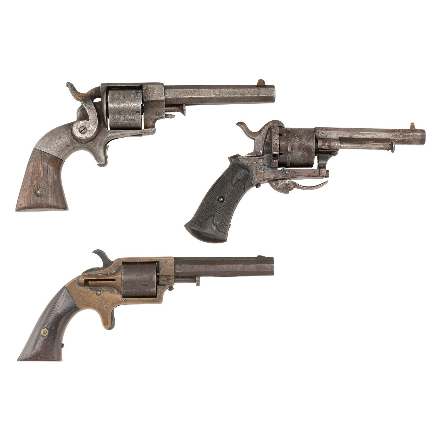 Three Antique Revolvers: 7mm Pocket Pinfire, Plant Pocket & Allen & Wheelock Side Hammer .32