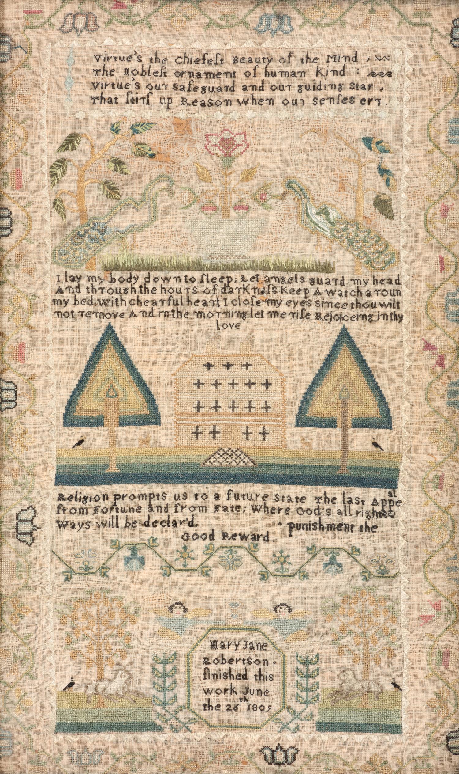 A Pictorial Needlework Sampler in a Grain-Painted Frame