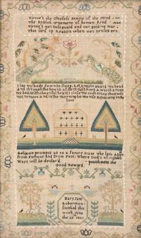 A Pictorial Needlework Sampler in a Grain-Painted Frame