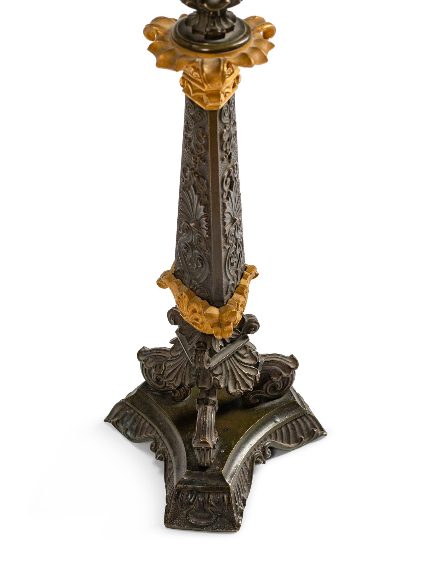 A Pair of Empire Parcel-Gilt and Patinated Bronze Four-Light Candelabra — 19TH CENTURY