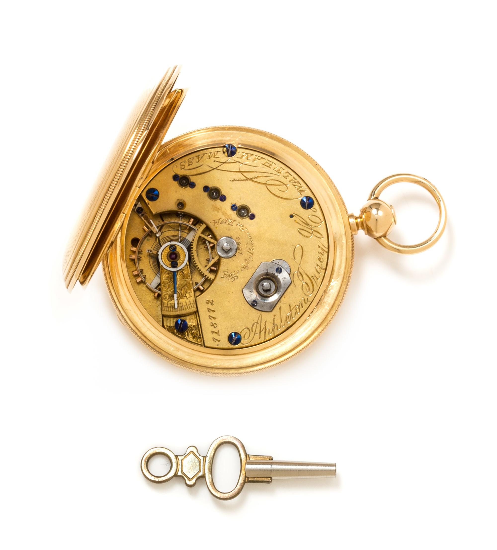 A Yellow Gold Hunter Case Pocket Watch, Waltham, Circa 1869, 43.40 dwts.