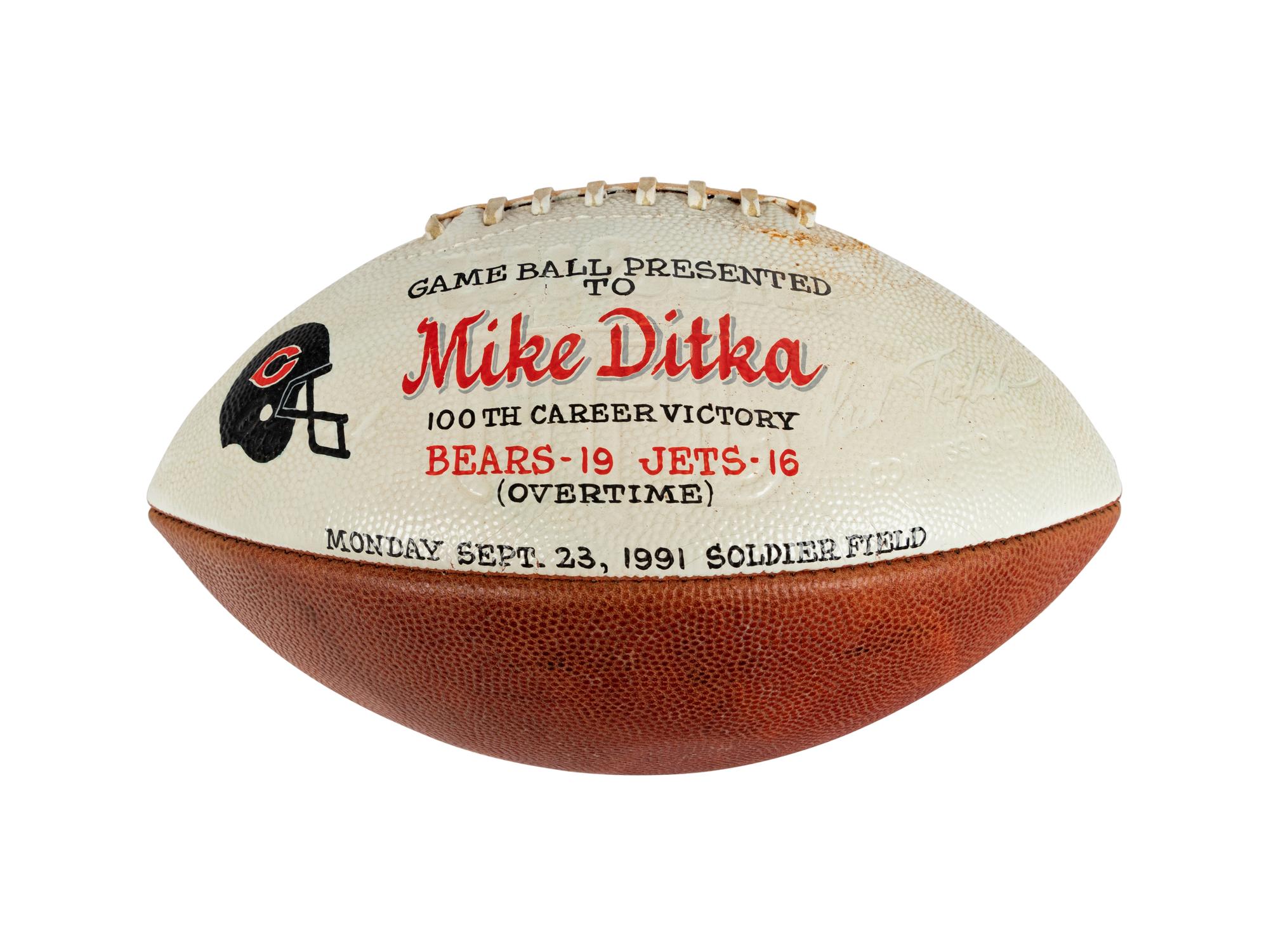 A 1991 Chicago Bears vs. New York Jets Game Ball Presented to Mike Ditka (Ditka's 100th Career Coaching Victory) Formerly Displayed at Mike Ditka's Restaurant