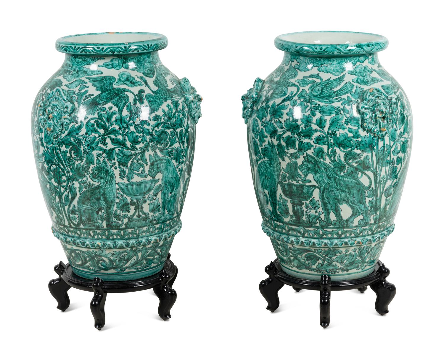 A Pair of Large Italian Green and White Glazed Ceramic Vases