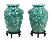 A Pair of Large Italian Green and White Glazed Ceramic Vases