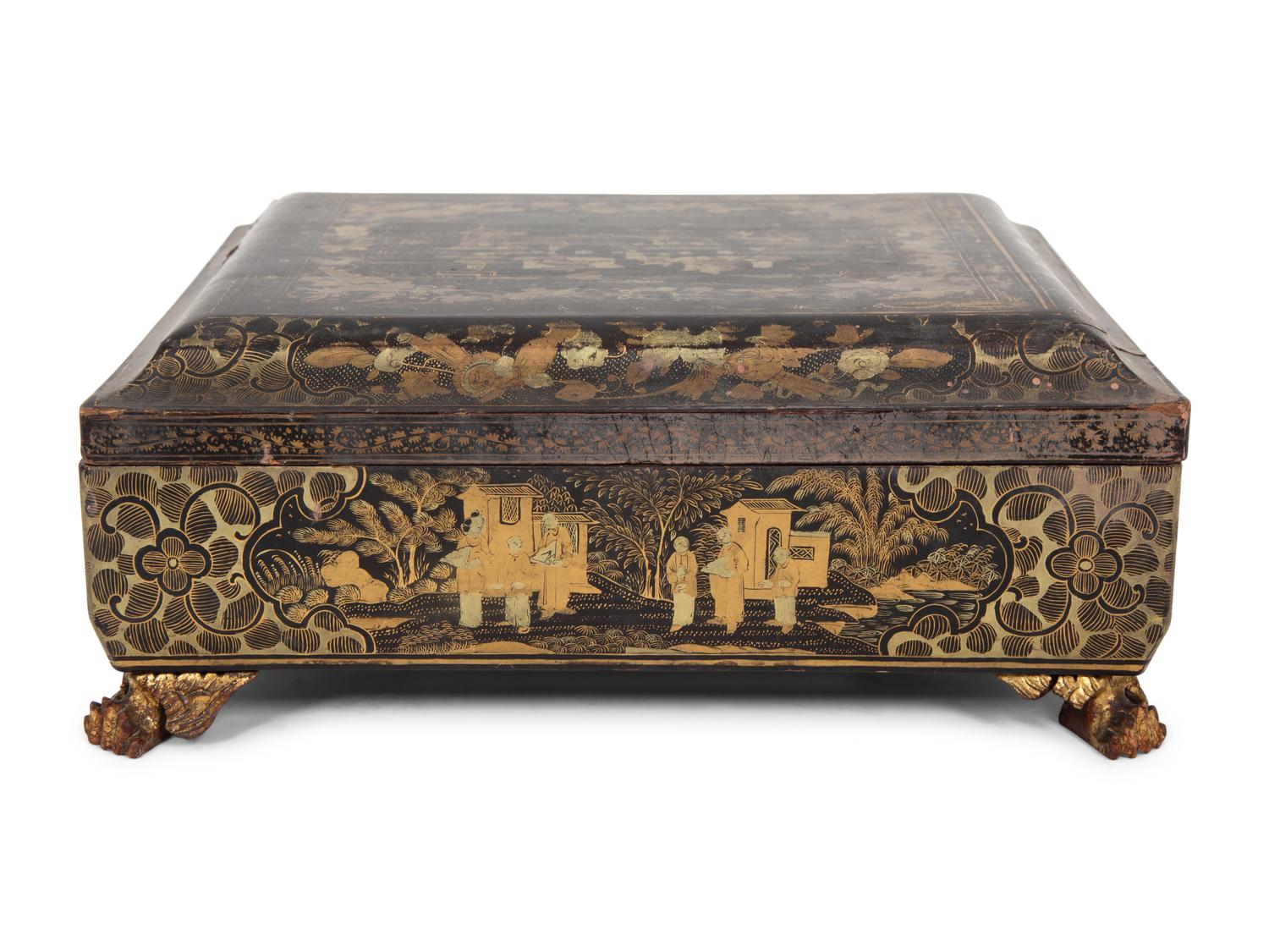 An English Chinoiserie Black and Gilt Laquer Game Box