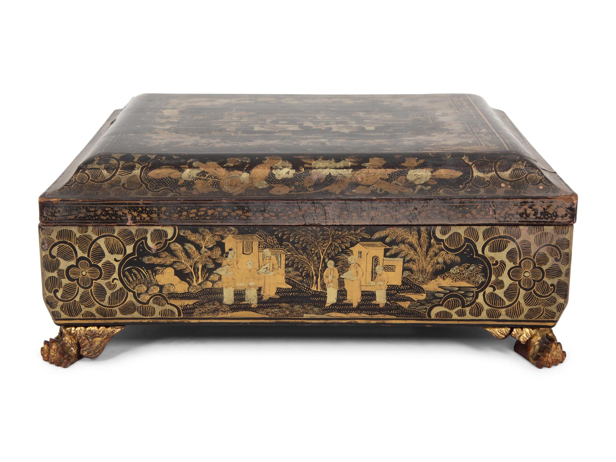 An English Chinoiserie Black and Gilt Laquer Game Box