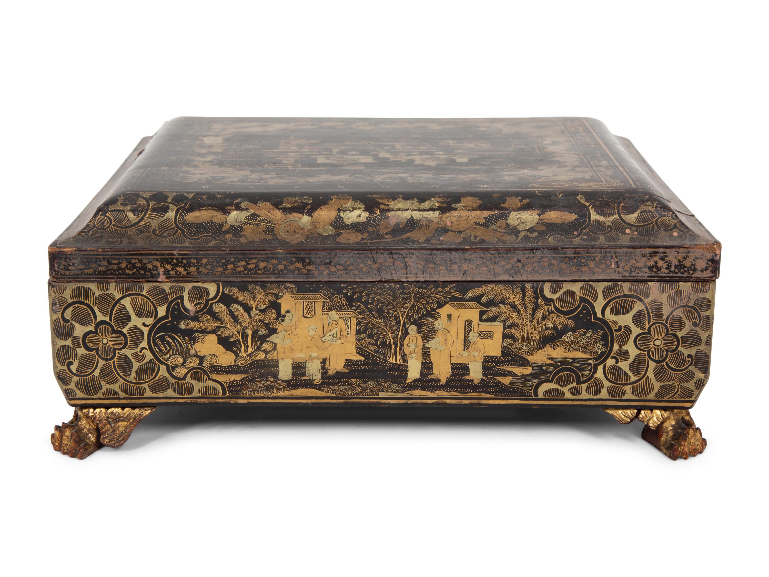 An English Chinoiserie Black and Gilt Laquer Game Box