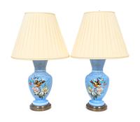 A Pair of French Painted Satin Glass Vases Mounted as Lamps