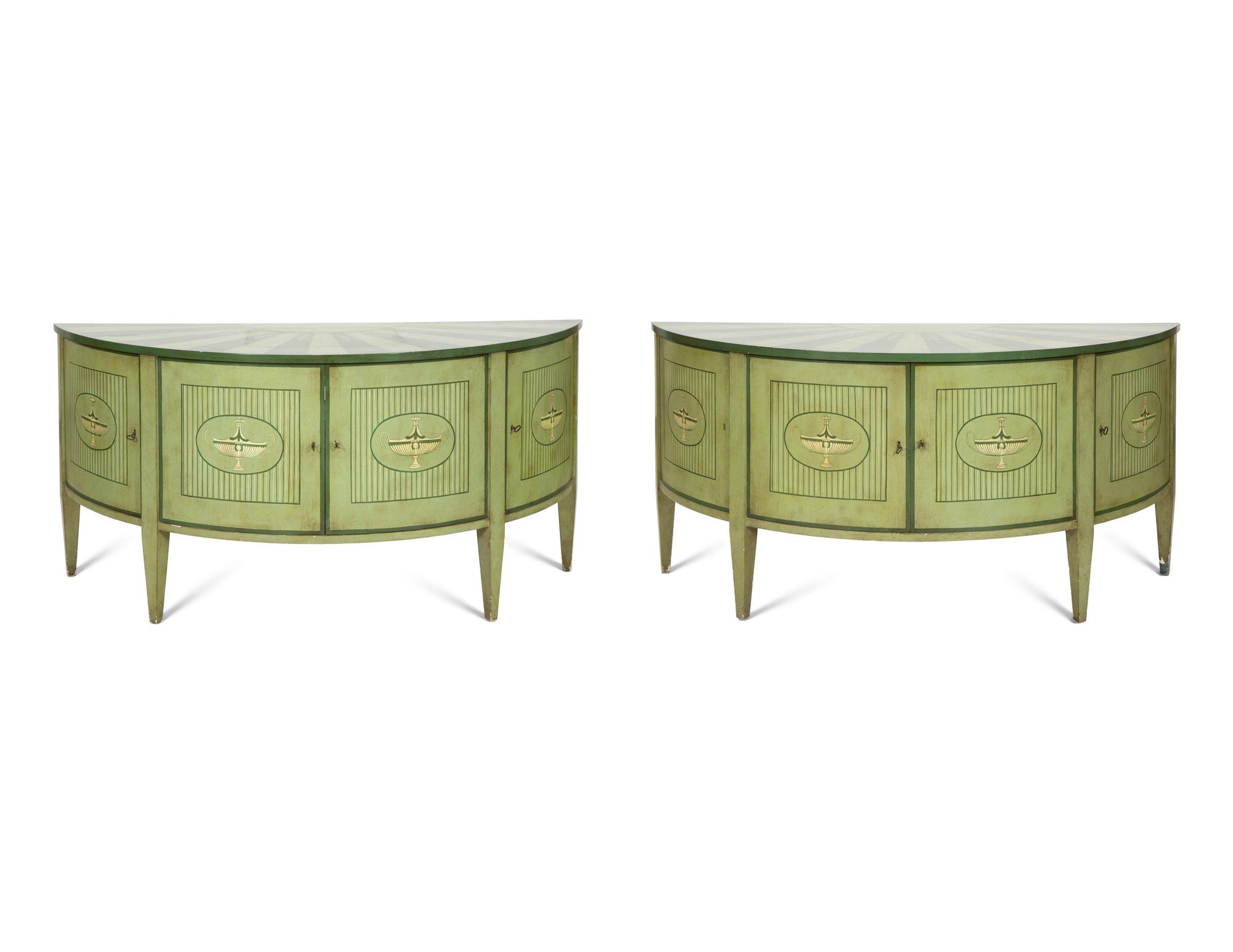 A Pair of Italian Neoclassical Style Painted Demilune Cabinets