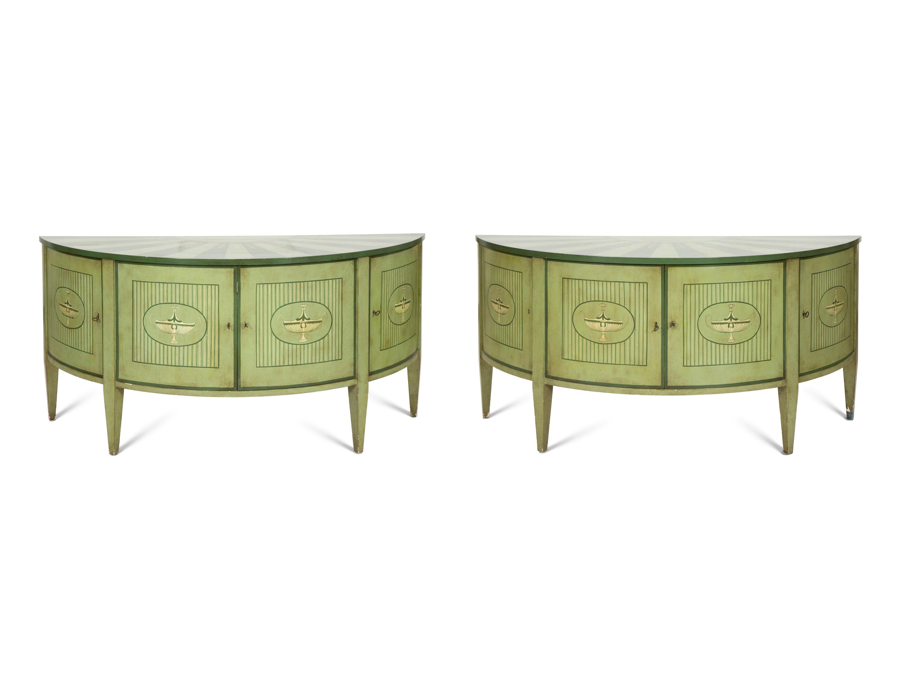 A Pair of Italian Neoclassical Style Painted Demilune Cabinets