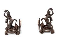 A Pair of Continental Iron Andirons with Hercules and the Nemean Lion