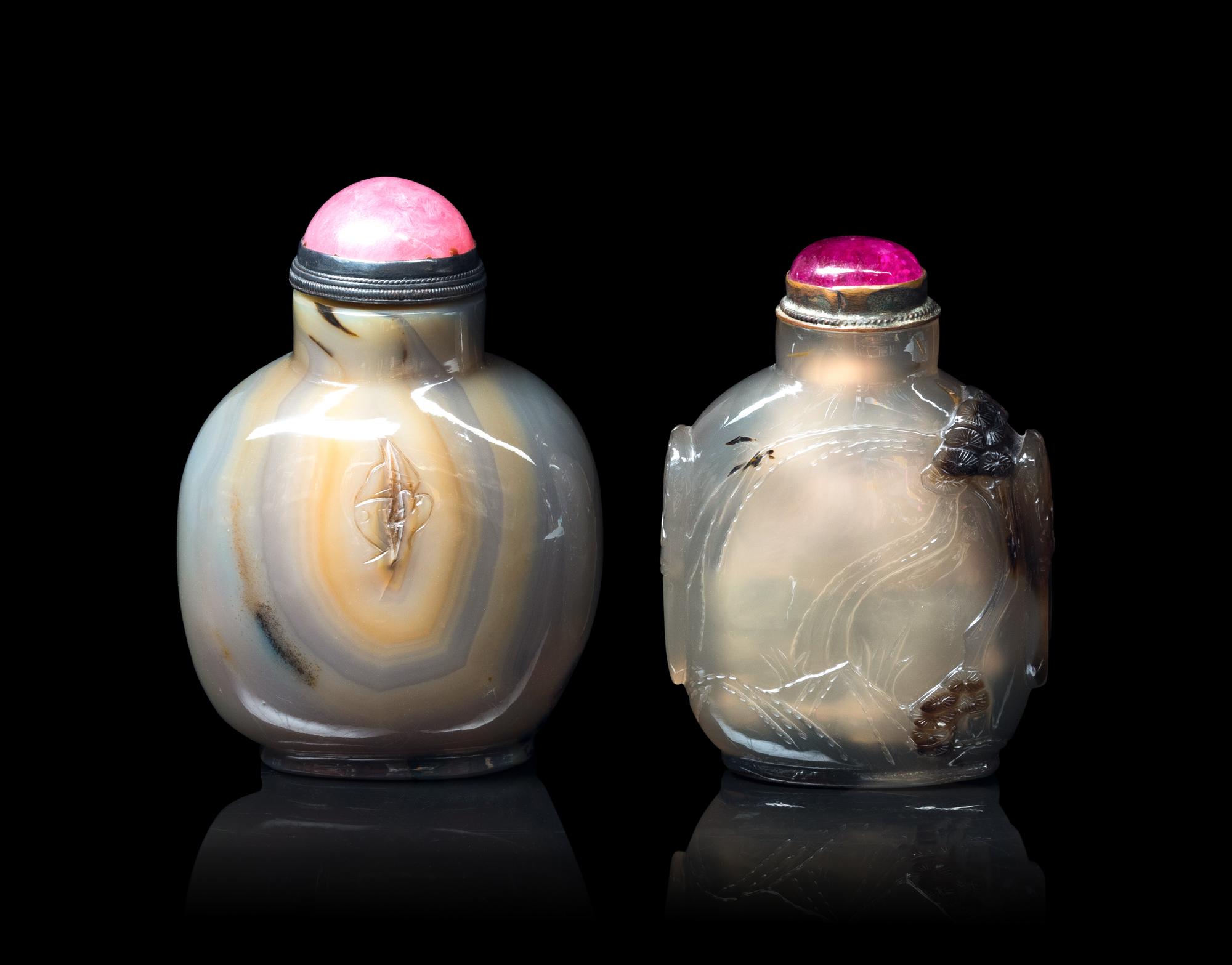 Two Carved Silhouette Agate Snuff Bottles